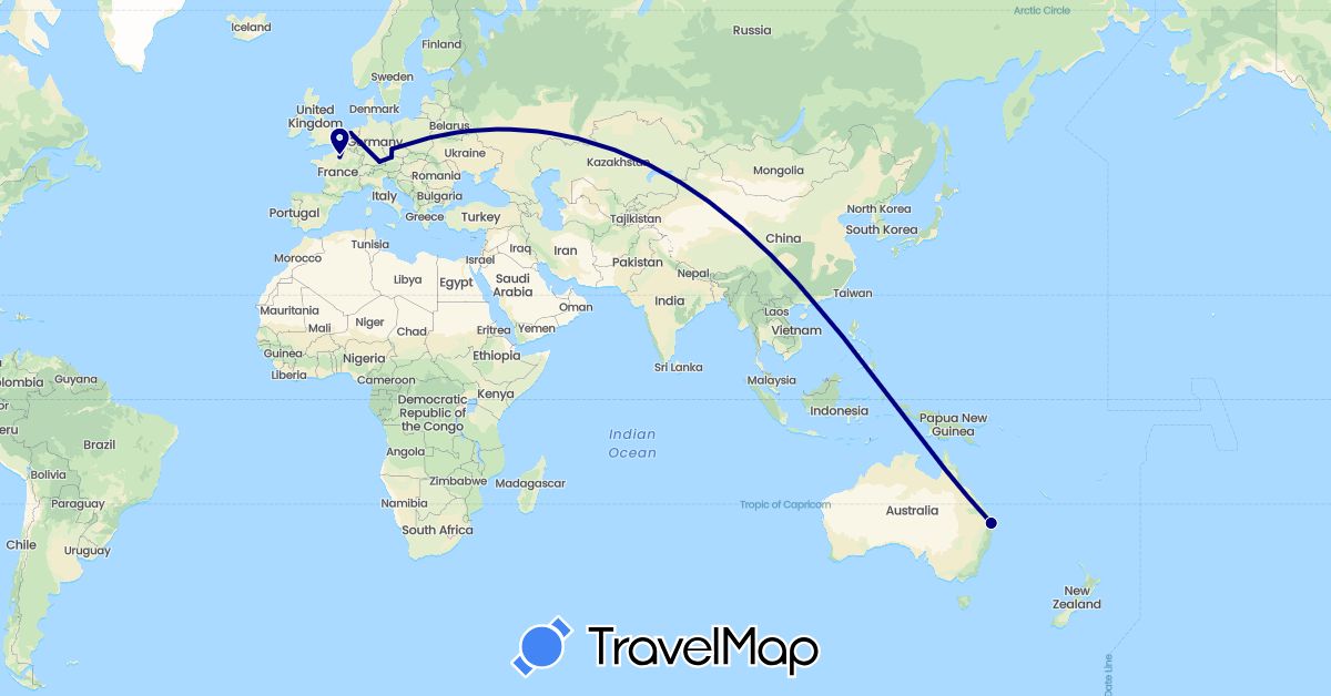 TravelMap itinerary: driving in Australia, Czech Republic, Germany, France, Netherlands (Europe, Oceania)